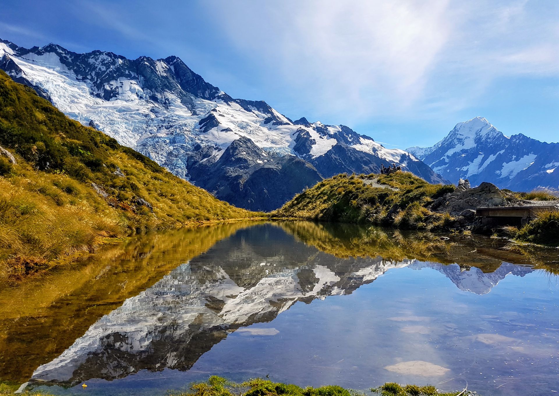Sefton Range and Mount Cook reflected in Sealy Tarns